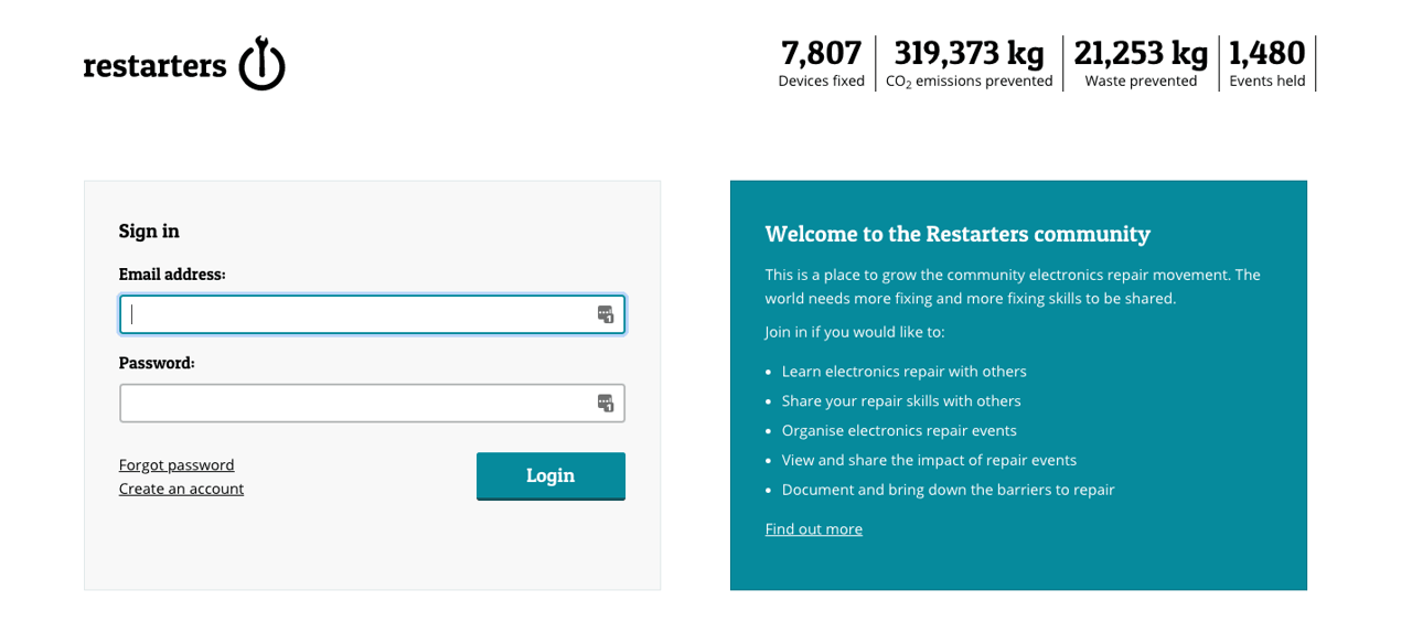 A webpage for the Restarters community, featuring a sign-in section on the left with fields for email address and password. Below these fields are links for "Forgot password" and "Create an account." On the right, a teal box welcomes users to the community, explaining the purpose of the platform, which focuses on electronics repair. It lists activities users can engage in, including learning and sharing repair skills, organising events, viewing impacts, and documenting barriers to repair. At the top, statistics show the