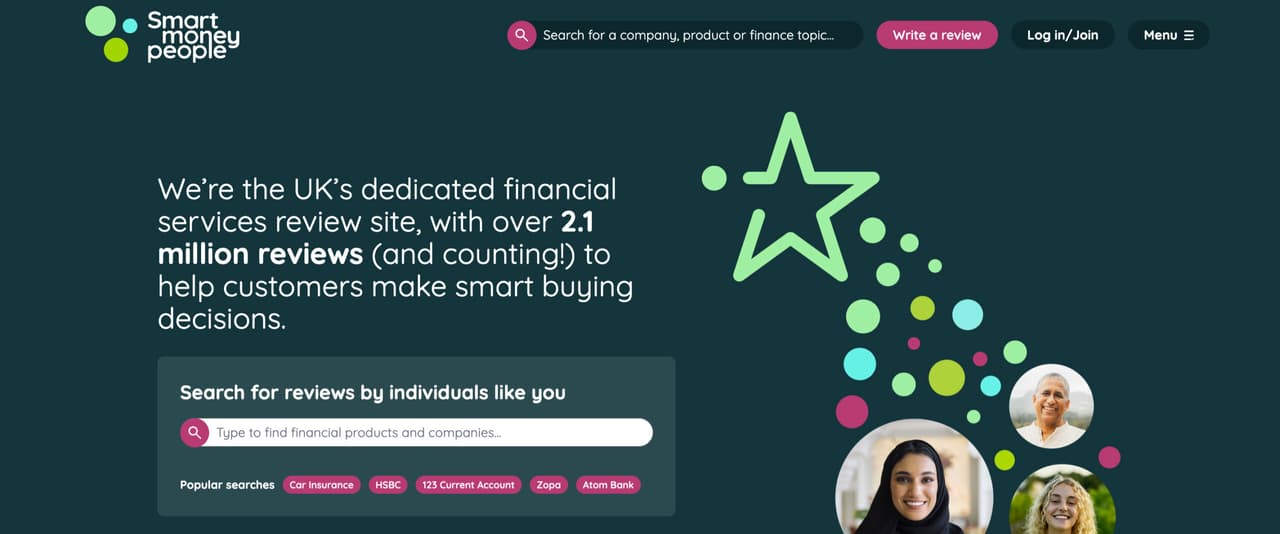 A website interface for "Smart Money People," a UK financial services review site. The background is dark green, featuring a large light green star with overlapping circles in various colours, including teal, green, pink, and white. At the top left, the logo reads "Smart Money People" in a modern font. Below, the text states that the site has over 2.1 million reviews to assist customers in making informed decisions. A search bar is positioned centrally, with a magnifying glass icon