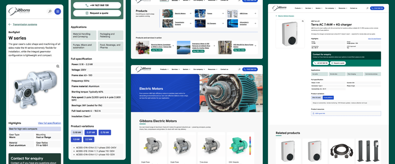 Collage of gibbons group web pages product page on mobile menu navigation on desktop, service page on desktop and product page mobile
