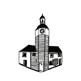 A stylised illustration of a building featuring the prominent clock tower in Coggeshall. The tower has a rounded top and a clock face near the middle, with vertical stripes on its surface. The main structure has a sloped roof and several windows, some with curtains. The building appears to be made of wood, with a textured finish. The overall design is in black and white, creating a bold, graphic effect.