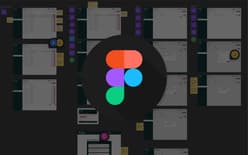 The image features a dark background with various user interface screens displayed, all related to a software application. Central to the image is a large Figma logo, which is a circular logo consisting of overlapping shapes in orange, purple, teal, and green. Surrounding the logo are multiple interface elements, including user management screens with lists of users, buttons, and text fields. Sticky notes in yellow and purple are visible, providing additional context or notes. The overall layout appears to be a collaborative design tool, showcasing different aspects of user management