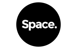 The image features the word "Space" in bold white letters against a black background. The letter 'S' is capitalised, while the remaining letters are in lowercase, followed by a full stop.