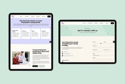 Two tablet screens displaying a website. The left screen features sections titled "Why should you choose us as your Employment Partner?" and "Trusted employment services for faster and reliable hiring," accompanied by an image of two people discussing. The right screen shows a contact form titled "Get in contact with us," with fields for name, email, and message, along with a button to submit. The background is a soft green. Wordpress website design agency​