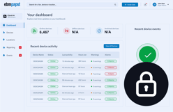 A digital dashboard interface from ebm-papst displays real-time updates for devices. The header shows the title "Your dashboard" with options for exploring the dashboard. The main section lists online devices (6,467), offline devices (N/A), and archived devices (N/A). Below, a table titled "Recent device activity" details various devices, their status, last activity time, hours run, warnings, and alarms. Each device entry indicates its online status, with green indicators for online devices.