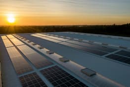 A setting sun over a solar farm field
