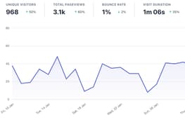 A screenshot of an analytics screen showing unique visitors, pageviews, bounce rate and visit duration