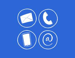 Four illustrated white outlines of circles containing a white envelope, white phone, white @ symbol and white smartphone. The background is blue