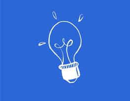 A simple white illustration of a light bulb is set against a bright blue background. The light bulb features a classic design with a rounded top and a textured base. Inside the bulb, there are two thin, swirling lines resembling filament. Above the bulb, three small droplets or sparkles are depicted, suggesting light or inspiration. The overall composition is minimalist, emphasizing the light bulb as a symbol of ideas and creativity.