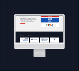 A computer monitor displays a webpage with a dark background. At the top, there is a section titled "Our structure" with three buttons: the first button has the text "NHS" in white on a red background, the second button features "Our Fund" in white on a blue background, and the third button shows "PODD" in white on a blue background. Below this section, a list of partners and funders is presented, including logos from various organisations. Wordpress website design agency