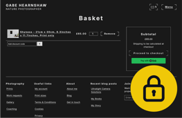 The image displays a digital shopping basket on a dark background for a nature photography website. At the top, the name "Gabe Hearnshaw" is presented in white text, followed by "Nature Photographer". The main section shows an item titled "Shyness" with dimensions 21cm x 30cm (8.3 x 11.7 inches) and a price of £65.00. There is an option to adjust the quantity and a button to remove the item. On the bottom right is a yellow circle containing a black padlock icon.