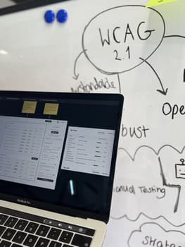 Laptop with designs in front of whiteboard with accessibility information
