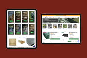 Image of two tablets displaying product listings. The left tablet shows a grid layout with various items related to gardening or outdoor equipment, featuring images and buttons for more information. The right tablet displays a detailed product page with images, ratings, and descriptions for similar items. The background is a deep red colour.