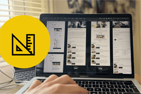 A design being made in figma on a laptop with a large yellow circle to the left containing two types of ruler