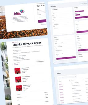 The image displays a digital interface for an online plant ordering system. The top left section features a welcome message for "Hills Brothers," a family-run business, with a login prompt for email and password. The background shows a vibrant display of orange flowers. The central area contains an order confirmation, detailing payment instructions and bank information for "Hills Plants Limited." Below, three entries for "Poinsettias" are listed, including quantities and prices, culminating in a total of £112.32