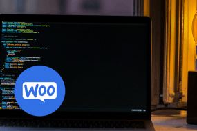WooCommerce logo in a blue circle overlaying code displaying on a laptop screen