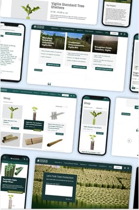 A collage of various digital devices displaying the Vigilis website, showcasing products like tree shelters and accessories. The layout includes sections for case studies, shop items, and a contact form for tree protection inquiries. The overall design features a green and white colour scheme, emphasising sustainability and eco-friendly practices.