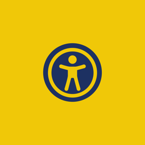 A blue circular symbol featuring a simplified human figure with outstretched arms is set against a bright yellow background. The figure is rounded with a circular head and a body that resembles a stick figure. The blue circle surrounding the figure has a thick border, emphasising the symbol's accessibility theme.