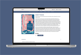 A laptop displays a webpage for the book "Sweet Poison" by Mary Fitt, with a blue background. The book cover features a pink and blue design, including a silhouette of a woman and a map-like background. The title "Sweet Poison" is prominently displayed in white text. Below the cover, the price is listed as £10.99, with an "Add to Cart" button. The webpage header includes links to the authors, books, blogs, and an option to sign in or register