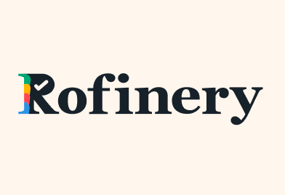 Rofinery logo featuring a serif font - the R has different coloured tabs running up the side and a tick for the negative space within the top of the letter.