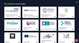 The image displays a grid of logos representing various partners and funders. Each logo is contained within a square or rectangular box. The logos include: - Guy's and St Thomas' NHS Foundation Trust, featuring the NHS logo - National Institute for Health and Care Research, with a stylised text format - British Association of Dermatologists, displaying the abbreviation BAD and a slogan about skin health - The British Skin Foundation, showing a handprint design