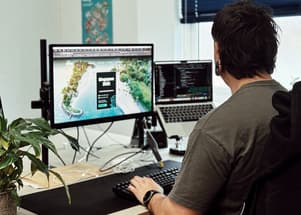 Male web developer working on a website with a laptop and large computer monitor and a plant on his desk
