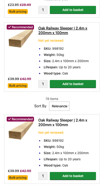 The image displays two identical product listings for an "Oak Railway Sleeper" with dimensions of 2.4m x 200mm x 100mm. Each listing includes a rectangular piece of oak wood shown from the side, highlighting its length and thickness. The product details include the SKU number (998192), weight (50kg), size, lifespan (up to 20 years), and wood type (oak). A price of £39.99 is shown, crossed out next to a previous price