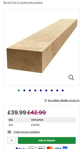 A long, rectangular piece of wood is displayed on a white background. The wood has a smooth surface and visible grain patterns, with one end showing a flat cut. Below the image, there is pricing information, indicating a current price of £39.99, previously £42.99, and options for quantity and trade pricing.