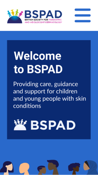 A digital banner for the British Society for Paediatric and Adolescent Dermatology (BSPAD). The top section features a colourful logo with stylised figures in pink, blue, and green, representing diversity and care. Below, the text reads "Welcome to BSPAD" in bold white letters, followed by a description stating "Providing care, guidance and support for children and young people with skin conditions" in smaller white text. The background is a gradient of blue shades, creating a calming effect.