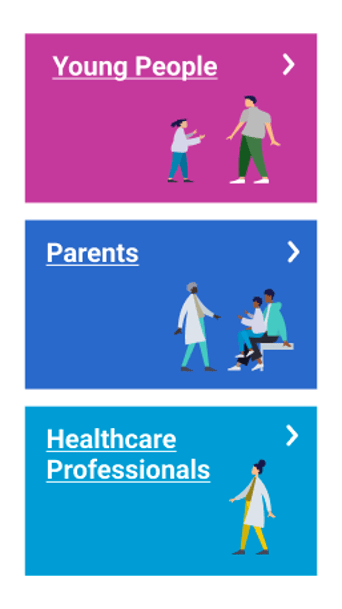 The image features three rectangular panels stacked vertically, each with a distinct background colour. The top panel is purple and contains the text "Young People" in white, accompanied by an illustration of a child and an adult engaging in conversation. The middle panel is blue, displaying the word "Parents" in white, alongside a graphic of a parent and child interacting with a healthcare professional. The bottom panel is a lighter blue, featuring the text "Healthcare Professionals" in white, with an illustration of a healthcare worker