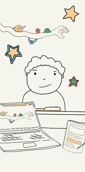 A child with curly hair sits at a desk, looking at a laptop. The laptop screen shows a cartoonish illustration of a hand with four colourful characters: a yellow fuzzy creature, a red creature with a face, a green blob, and a blue character. Above the child, there are two stars: one orange and one green. Next to the laptop, there is a spiral notebook with visible writing and an orange highlighted section, along with a pencil resting on top. The background is a soft cream
