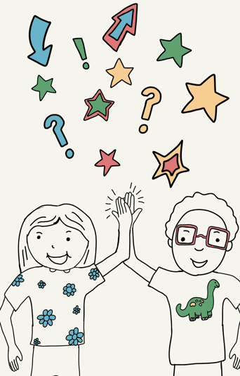 Two children are giving each other a high five, smiling. The girl has long hair and wears a blue floral shirt. The boy has curly hair and wears glasses, along with a green dinosaur T-shirt. Colourful stars, question marks, and arrows are scattered above them, suggesting excitement and curiosity. The background is a light cream colour.