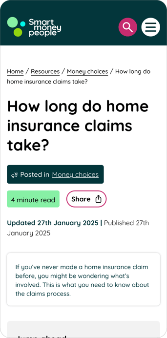 Screenshot of a webpage titled "How long do home insurance claims take?" from Smart Money People. The page includes a brief introduction about the home insurance claims process, indicating it takes approximately four minutes to read. The content was updated on 27th January 2025 and is categorised under "Money choices."
