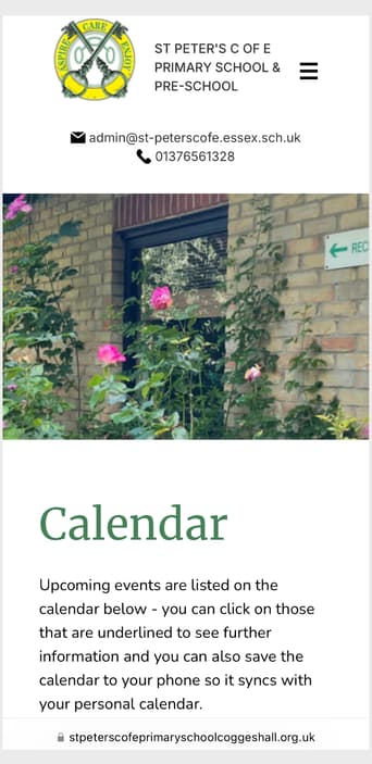 A mobile screenshot of the St Peter's School calendar webpage