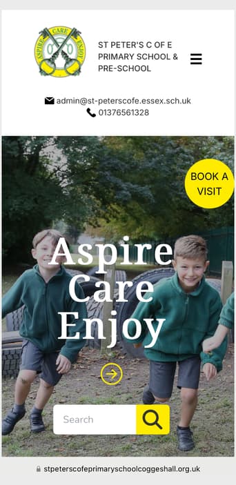 A mobile screenshot of the St Peter's School homepage with the text 'Aspire Care Enjoy' stacke din the middle above a yellow circle and arrow inside and a search bar.