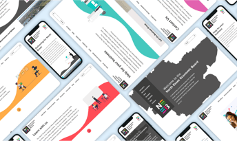 A collection of smartphone screens displaying various webpages from the North Essex Economic Board. The designs feature different colour backgrounds, including orange, pink, teal, and grey. Each screen contains text and illustrations relevant to business support and community engagement. Notable elements include an illustration of a person working at a desk, a delivery truck, and sections labelled "Learn with Us" and "Contact Us." The logo is colourful, featuring a stylised text with the initials NEeB, and the overall layout is modern