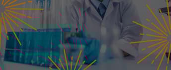 A background image of a person in a white coat looking at tubes. There is a dark overlay and orange illustrated sunbeam shapes on the left, bottom and right