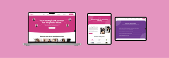 Curve Recruitment website on laptop and ipad in portrait and landscape, with a pink background