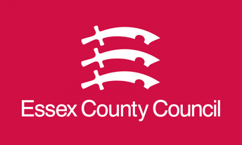 The image features the logo of Essex County Council on a bright red background. The logo consists of three stylised Essex shield shapes, arranged horizontally, in white. Below the shields, the text "Essex County Council" is displayed in a clean, modern font, also in white. The overall design is simple and conveys a sense of authority and community.