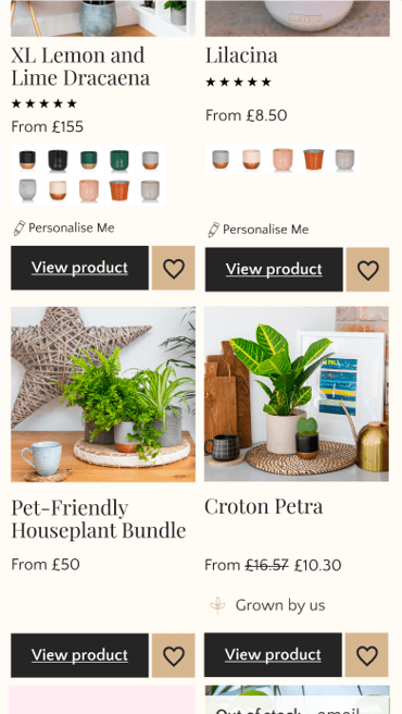 Category section on The Little Botanical website on mobile showing different products