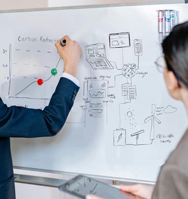 A person in a suit is standing beside a whiteboard, drawing a graph labelled "Carbon Reduction" with a green dot and a red dot indicating data points. The whiteboard features various sketches, including a laptop, a mobile phone, and diagrams related to website analytics such as "bounce rate" and "load speed." There is also a sun, a wind turbine, and a battery icon, labelled "renewable source." Another person, partially visible, is holding a tablet and observing the presentation.