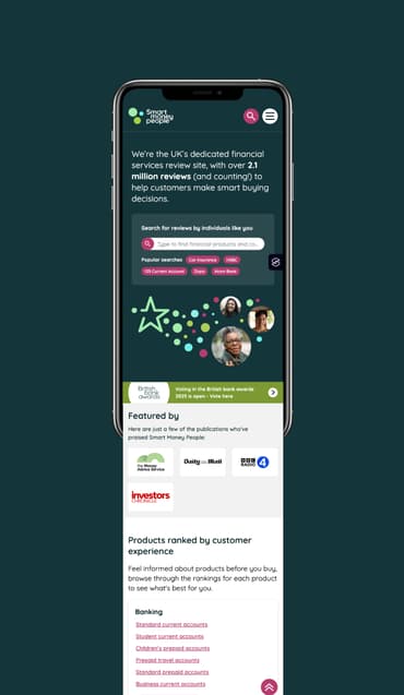 Smart money people website on a smartphone template with a dark teal background