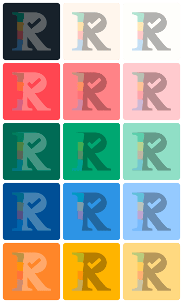 Rofinery colour pallet showing the R from the logo with different coloured backgrounds.