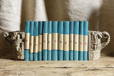 A series of Slightly Foxed plain editions in blue with decorative bookends on each side.