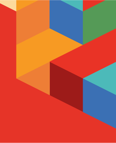 The image features a vibrant geometric design composed of overlapping shapes in various colours. The background is a solid red, while the shapes include triangles and rectangles in shades of orange, yellow, green, blue, and teal. These shapes create a layered effect, with some shapes appearing to be stacked and others interlocking. The overall composition is dynamic and abstract, showcasing a modern aesthetic.