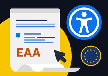 An illustration featuring a document with the text "EAA" prominently displayed in orange. The document has blue lines and a blue circle with a dot above it, suggesting a digital interface. To the right, a blue icon representing accessibility shows a person with raised arms inside a circle. Below that, a small green circle features the European Union flag, indicating a connection to European regulations. The background is dark, enhancing the visibility of the elements. Wordpress website design agency​.