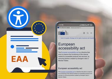 An individual holds a smartphone displaying a webpage titled "European Accessibility Act." The page outlines the directive aimed at improving accessibility for products and services across the EU. To the left, a large document icon features text lines and the abbreviation "EAA," accompanied by a blue accessibility symbol. The background shows a blurred urban setting, suggesting an outdoor environment. The overall focus is on promoting awareness of digital accessibility legislation.