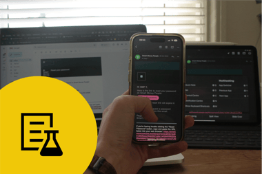 Testing a website across desktop, tablet and mobile. On the bottom left of the image is a large yellow circle containing a document icon and a science beaker icon
