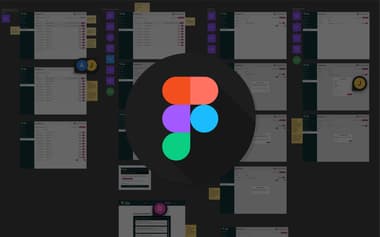 The image features a dark background with various user interface screens displayed, all related to a software application. Central to the image is a large Figma logo, which is a circular logo consisting of overlapping shapes in orange, purple, teal, and green. Surrounding the logo are multiple interface elements, including user management screens with lists of users, buttons, and text fields. Sticky notes in yellow and purple are visible, providing additional context or notes. The overall layout appears to be a collaborative design tool, showcasing different aspects of user management