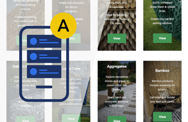 A digital interface displaying various landscaping products and services. Sections include Gabion Baskets, Lawn Care, Aggregates, and Bamboo, each with a brief description and a "View" button for more information. A prominent icon featuring three horizontal lines indicates a menu or navigation option. The layout is clean and organised, with green accents highlighting action buttons.