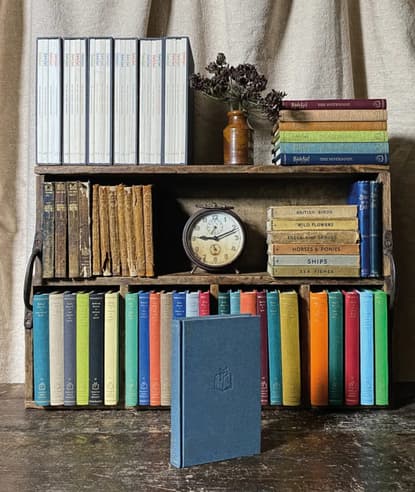 Three shelves as part of an old fashioned bookshelf containing a range of old books and new books from Slightly Foxed. There is also a clock in the middle shelf and a masonry jar of dried flowers on the top shelf. In front of these shelves is a single blue book standing upright.